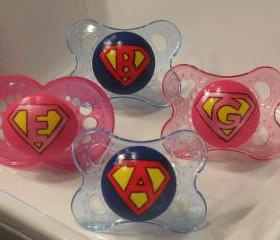 NEW - Personalized Super Baby on a Blue or Pink MAM or Clear Avent - Custom Hand Painted Pacifier