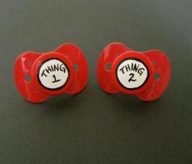 NEW- Thing 1 & Thing 2- Hand Painted Custom Pacifier Set in NUK Style RED